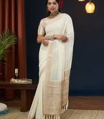 Cream Checks Zari Work Pure Georgette Traditional Saree With Blouse