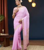 Lavender Checks Zari Work Pure Georgette Traditional Saree With Blouse