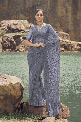 Grey Thread And Sequin Net Partywear Saree With Blouse Fabric 1