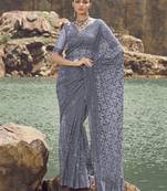 Grey Thread And Sequin Net Partywear Saree With Blouse Fabric