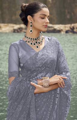 Grey Thread And Sequin Net Partywear Saree With Blouse Fabric 2