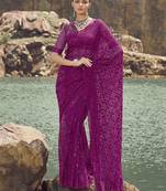 Wine Thread And Sequin Net Partywear Saree With Blouse Fabric