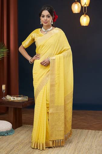 Yellow Checks Zari Work Pure Georgette Traditional Saree With Blouse