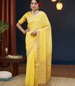 Yellow Checks Zari Work Pure Georgette Traditional Saree With Blouse