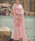 Pink Beads And Sequin Work Net Saree With Blouse Fabric