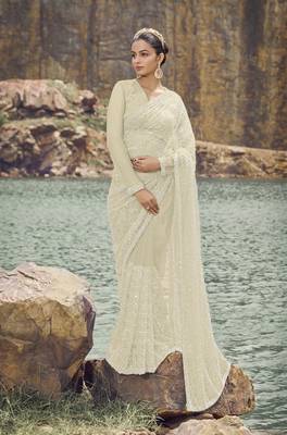 Cream Beads And Sequin Net Partywear Saree With Blouse Fabric 1
