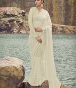 Cream Beads And Sequin Net Partywear Saree With Blouse Fabric