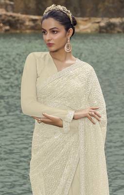 Cream Beads And Sequin Net Partywear Saree With Blouse Fabric 2