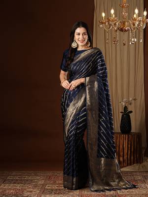 Navyblue Leheriya Zari Work Pure Satin Silk Traditional Saree With Blouse 1