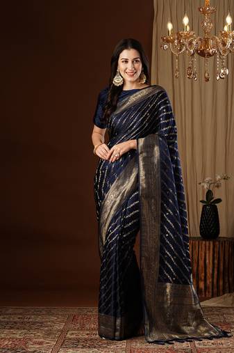 Navyblue Leheriya Zari Work Pure Satin Silk Traditional Saree With Blouse