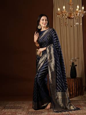 Navyblue Leheriya Zari Work Pure Satin Silk Traditional Saree With Blouse 2