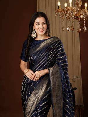 Navyblue Leheriya Zari Work Pure Satin Silk Traditional Saree With Blouse 3