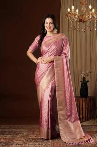 Peach Leheriya Zari Work Pure Satin Silk Traditional Saree With Blouse