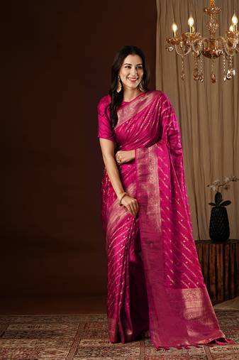 Rani Leheriya Pink Zari Work Pure Satin Silk Traditional Saree With Blouse