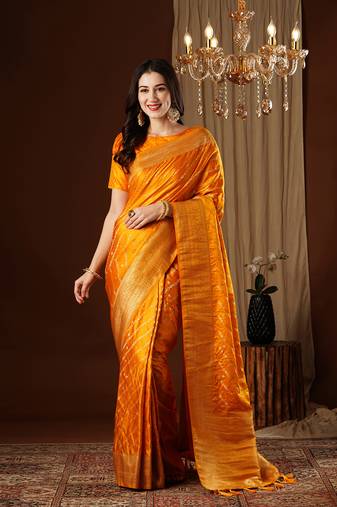 Yellow Leheriya Zari  Work Pure Satin Silk Traditional Saree With Blouse