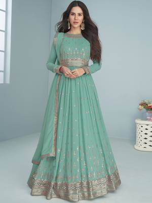 Turquoise Embroidered Georgette Wedding Wear Anarkali Suit 1