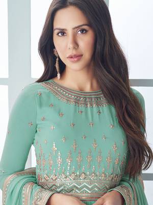 Turquoise Embroidered Georgette Wedding Wear Anarkali Suit 2