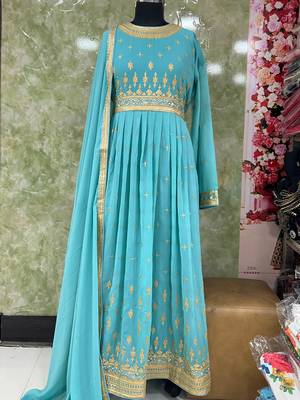 Turquoise Embroidered Georgette Wedding Wear Anarkali Suit 4