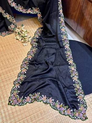 Black Colour Embroidery Work Chinnon Silk Blend Saree With Unstitched Blosue 1
