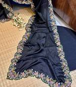 Black Colour Embroidery Work Chinnon Silk Blend Saree With Unstitched Blosue