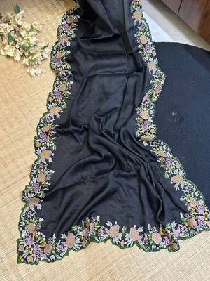 Black Colour Embroidery Work Chinnon Silk Blend Saree With Unstitched Blosue 2