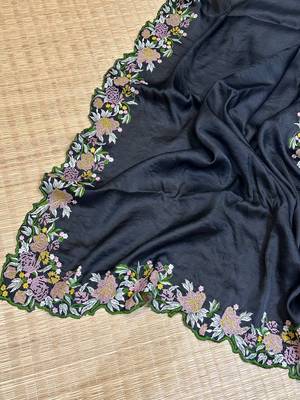 Black Colour Embroidery Work Chinnon Silk Blend Saree With Unstitched Blosue 3