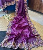 Violet Colour Embroidery Work Chinnon Silk Blend Saree With Unstitched Blosue