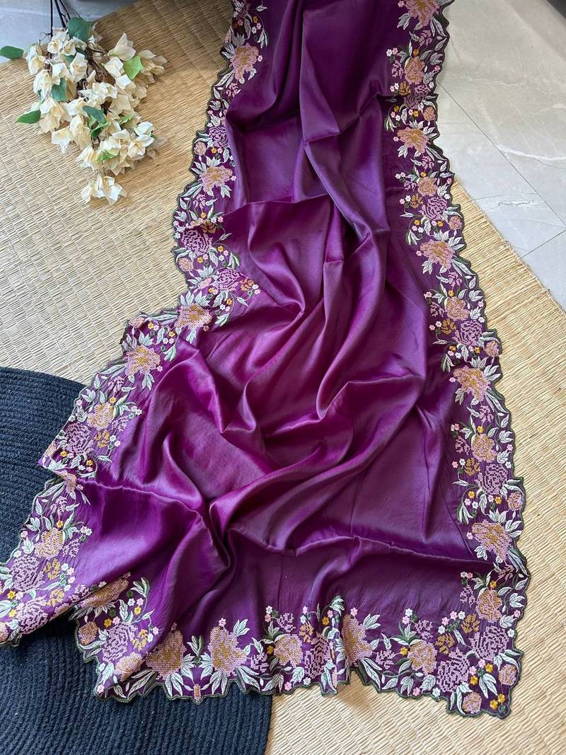 Violet Colour Embroidery Work Chinnon Silk Blend Saree With Unstitched Blosue