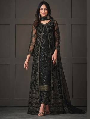 Black net wedding indian pakistani long gown anarkali suit semi stitched 1