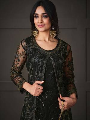 Black net wedding indian pakistani long gown anarkali suit semi stitched 2