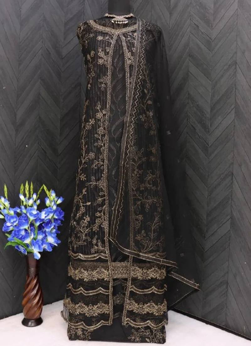 Black net wedding indian pakistani long gown anarkali suit semi stitched