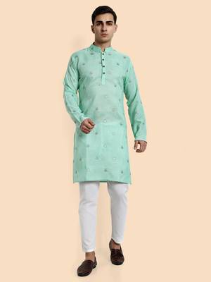 Vardha men's embroidered & sequined straight kurta - viscose, full sleeve, knee length, casual & festive (sea green) 1