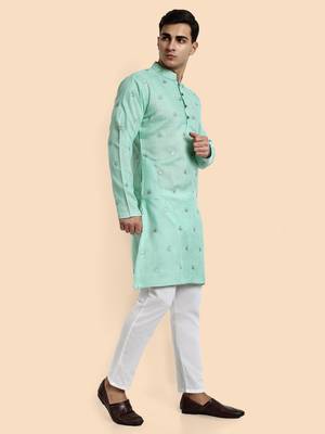 Vardha men's embroidered & sequined straight kurta - viscose, full sleeve, knee length, casual & festive (sea green) 2