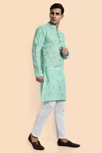 Vardha men's embroidered & sequined straight kurta - viscose, full sleeve, knee length, casual & festive (sea green)