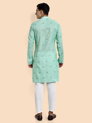 Vardha men's embroidered & sequined straight kurta - viscose, full sleeve, knee length, casual & festive (sea green) 3