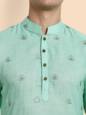 Vardha men's embroidered & sequined straight kurta - viscose, full sleeve, knee length, casual & festive (sea green) 4