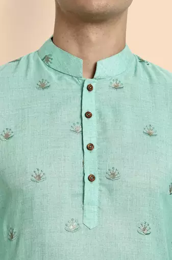 Vardha men's embroidered & sequined straight kurta - viscose, full sleeve, knee length, casual & festive (sea green)
