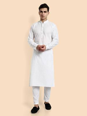 Vardha men's white cotton chikankari kurta, full sleeve, knee length kurta's fir men elegant ethnic wear for weddings 1