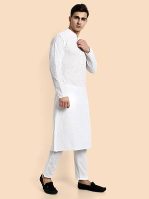Vardha men's white cotton chikankari kurta, full sleeve, knee length kurta's fir men elegant ethnic wear for weddings 2