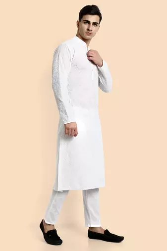 Vardha men's white cotton chikankari kurta, full sleeve, knee length kurta's fir men elegant ethnic wear for weddings