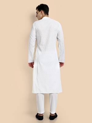 Vardha men's white cotton chikankari kurta, full sleeve, knee length kurta's fir men elegant ethnic wear for weddings 3