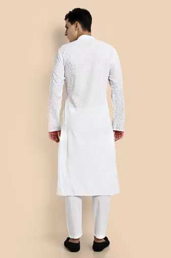 Vardha men's white cotton chikankari kurta, full sleeve, knee length kurta's fir men elegant ethnic wear for weddings