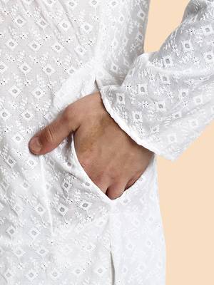 Vardha men's white cotton chikankari kurta, full sleeve, knee length kurta's fir men elegant ethnic wear for weddings 4