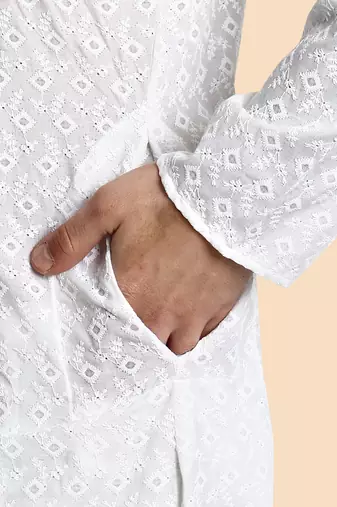 Vardha men's white cotton chikankari kurta, full sleeve, knee length kurta's fir men elegant ethnic wear for weddings