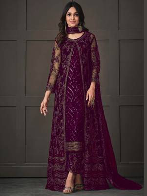 Wine net wedding indian pakistani long gown anarkali suit semi stitched 1