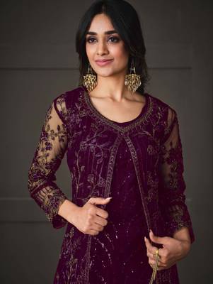 Wine net wedding indian pakistani long gown anarkali suit semi stitched 2