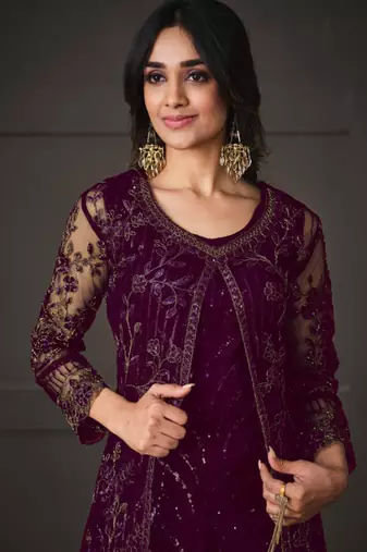 Wine net wedding indian pakistani long gown anarkali suit semi stitched