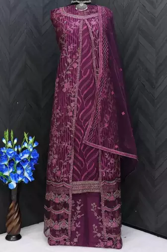 Wine net wedding indian pakistani long gown anarkali suit semi stitched