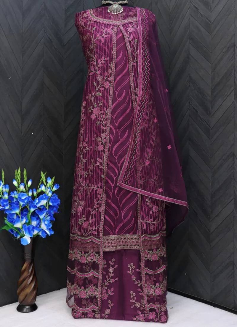 Wine net wedding indian pakistani long gown anarkali suit semi stitched