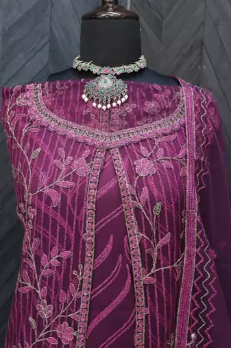 Wine net wedding indian pakistani long gown anarkali suit semi stitched